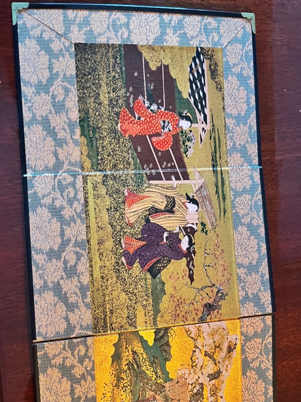 Japanese Folding Screen Byobu Style Geisha Art Gold & Brocade Decor - Table Top